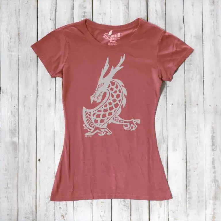 Rustic pink Women's Dragon T-Shirt in bamboo & organic cotton with a light grey fantasy dragon print, perfect for fans of mythical art.