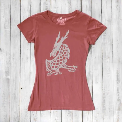 Rustic pink Women's Dragon T-Shirt in bamboo & organic cotton with a light grey fantasy dragon print, perfect for fans of mythical art.