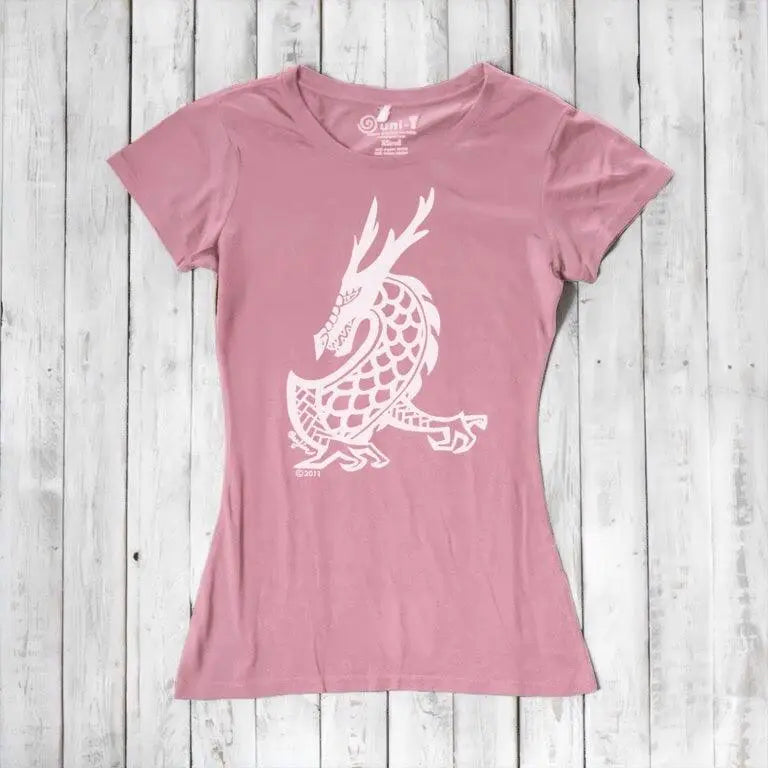 Light pink Women's Dragon T-Shirt in bamboo & organic cotton, featuring a white fantasy dragon graphic from Uni-T's mythical creature line.