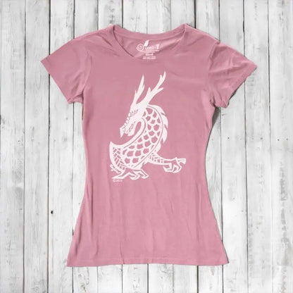 Light pink Women's Dragon T-Shirt in bamboo & organic cotton, featuring a white fantasy dragon graphic from Uni-T's mythical creature line.