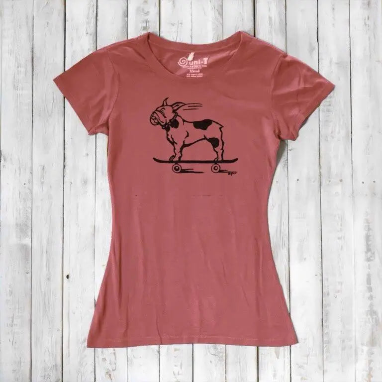 Rust red women's bamboo & organic cotton tee featuring a black French Bulldog on skateboard graphic, ideal for dog lovers and eco-conscious shoppers.