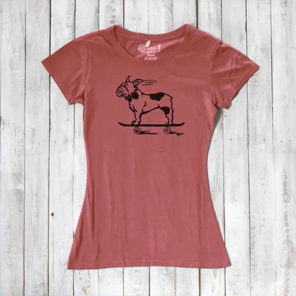 Rust red women's bamboo & organic cotton tee featuring a black French Bulldog on skateboard graphic, ideal for dog lovers and eco-conscious shoppers.