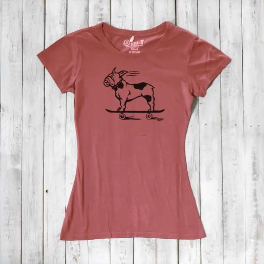 Rust red women's bamboo & organic cotton tee featuring a black French Bulldog on skateboard graphic, ideal for dog lovers and eco-conscious shoppers.