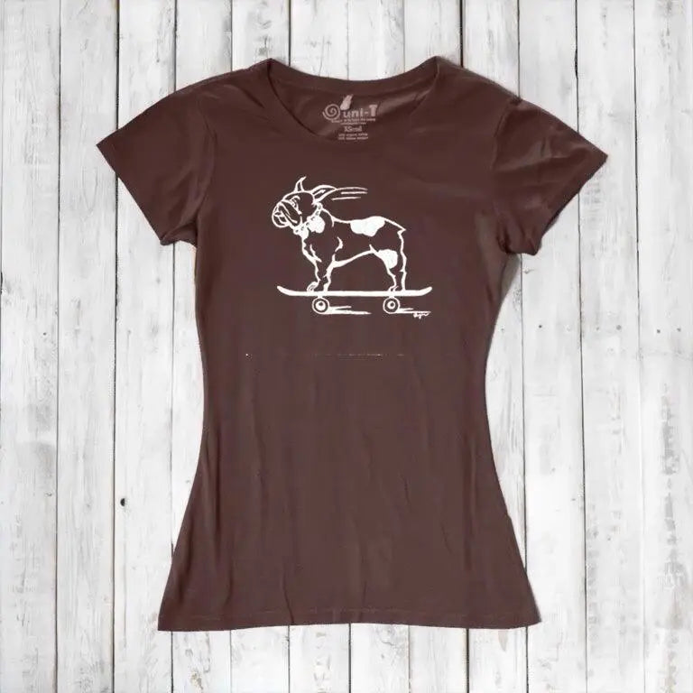 Brown bamboo & organic cotton women's tee with white French Bulldog skateboarding graphic, a fun and sustainable gift for pet owners.