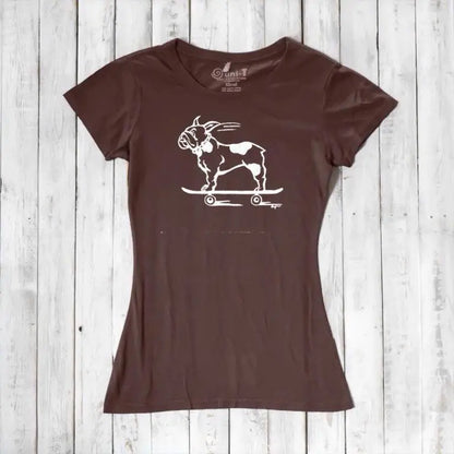 Brown bamboo & organic cotton women's tee with white French Bulldog skateboarding graphic, a fun and sustainable gift for pet owners.