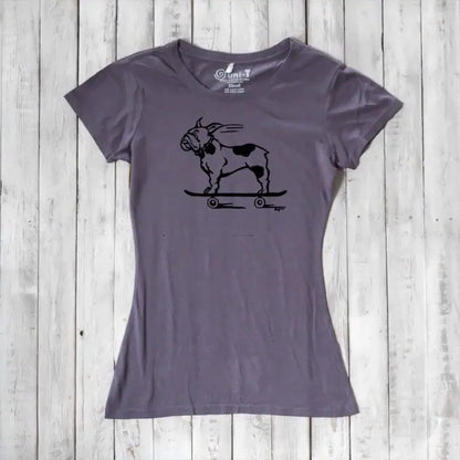 Gray women's T-shirt made from bamboo & organic cotton featuring a black French Bulldog on skateboard, a humorous and eco-friendly fashion choice.