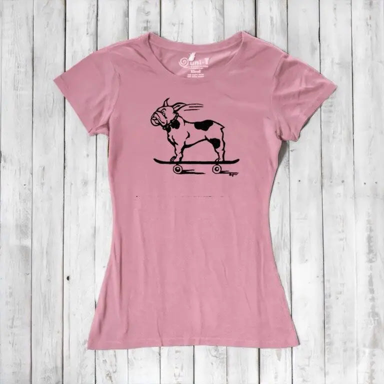 Pink women's bamboo & organic cotton tee with black French Bulldog skateboarding design, a cute and funny gift for dog lovers.