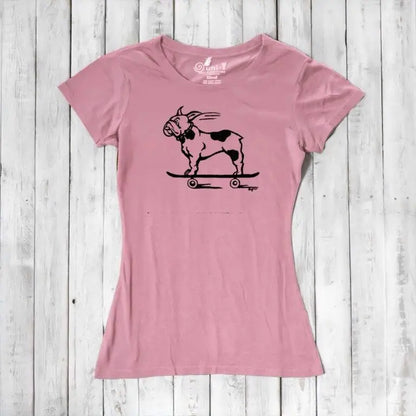 Pink women's bamboo & organic cotton tee with black French Bulldog skateboarding design, a cute and funny gift for dog lovers.