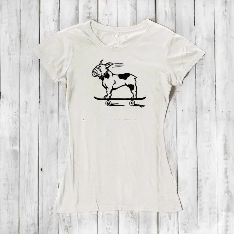 Cream-colored women's T-shirt with black French Bulldog on skateboard graphic, made from sustainable bamboo & organic cotton blend.