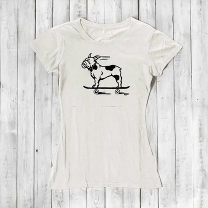 Cream-colored women's T-shirt with black French Bulldog on skateboard graphic, made from sustainable bamboo & organic cotton blend.