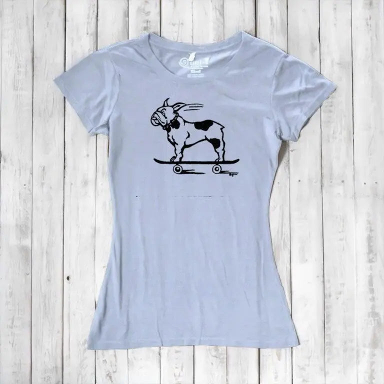 Light blue women's graphic tee with black French Bulldog skateboarding print, crafted from eco-friendly bamboo & organic cotton fabric.