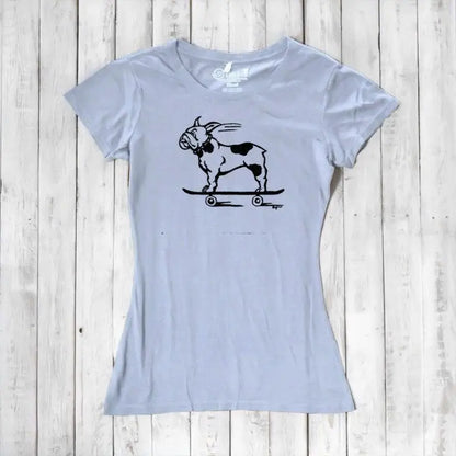 Light blue women's graphic tee with black French Bulldog skateboarding print, crafted from eco-friendly bamboo & organic cotton fabric.