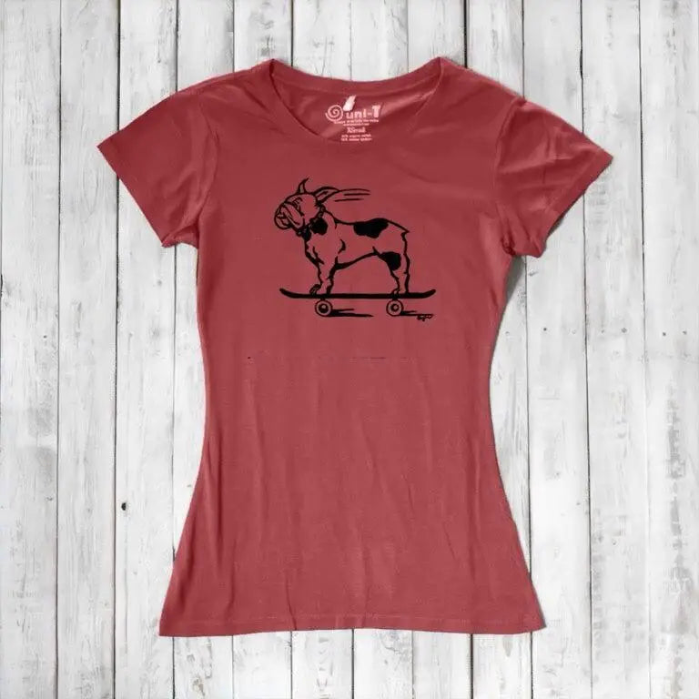 Red bamboo & organic cotton women's T-shirt featuring a black French Bulldog on skateboard, a playful and sustainable gift for pet lovers.