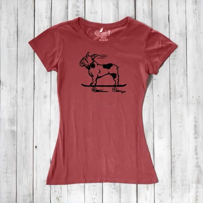 Red bamboo & organic cotton women's T-shirt featuring a black French Bulldog on skateboard, a playful and sustainable gift for pet lovers.