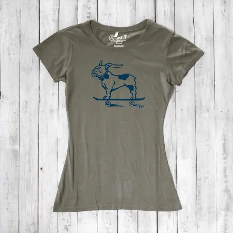 Olive green women's tee with blue French Bulldog skateboarding graphic, made from soft bamboo & organic cotton for dog-loving fashionistas.