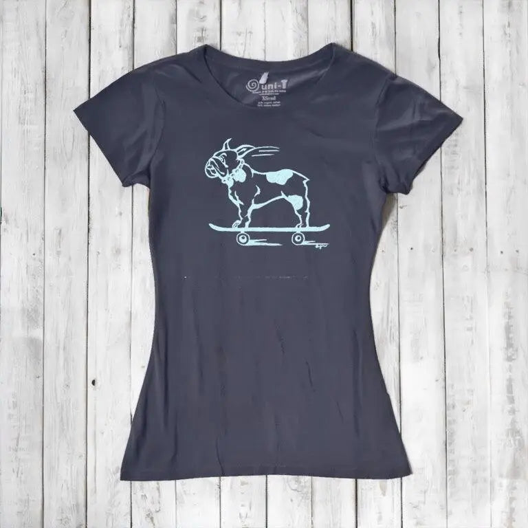Charcoal gray women's bamboo & organic cotton T-shirt with light blue French Bulldog on skateboard design, a fun and eco-conscious apparel choice.