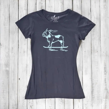 Charcoal gray women's bamboo & organic cotton T-shirt with light blue French Bulldog on skateboard design, a fun and eco-conscious apparel choice.