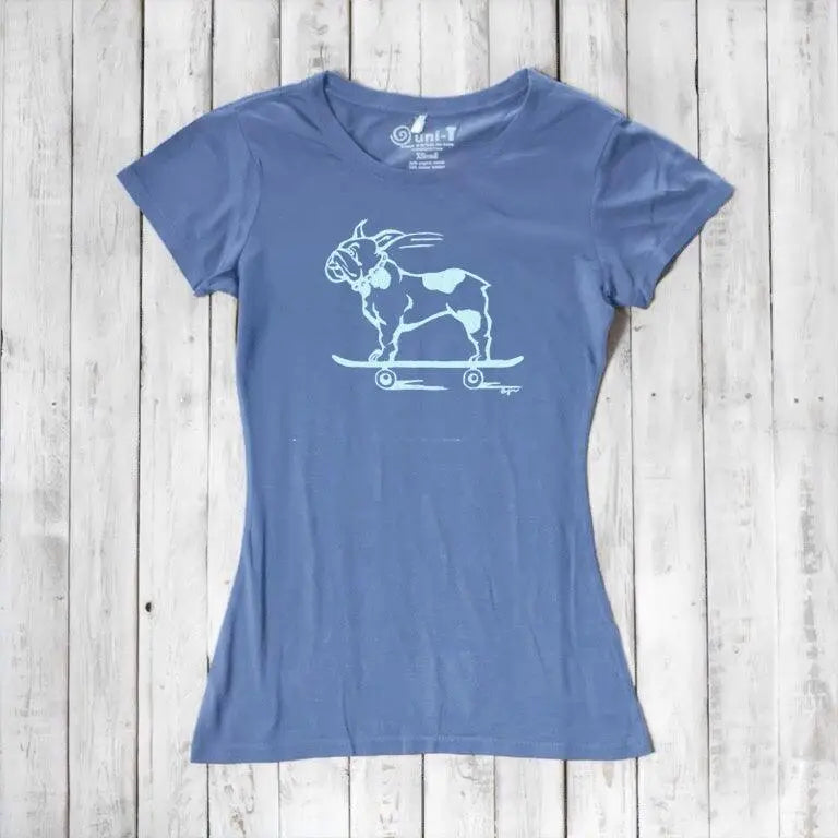 Women's French Bulldog T-Shirt in blue bamboo & organic cotton with a funny dog on skateboard graphic, perfect humorous gift for pet lovers.
