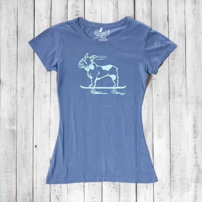 Women's French Bulldog T-Shirt in blue bamboo & organic cotton with a funny dog on skateboard graphic, perfect humorous gift for pet lovers.
