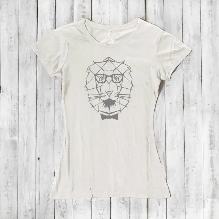Women's Lion T-Shirt in ivory bamboo & organic cotton with geometric lion graphic and bow tie, symbolizing courage and strength.