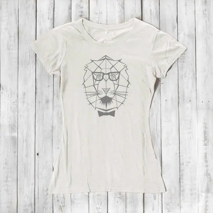 Women's Lion T-Shirt in ivory bamboo & organic cotton with geometric lion graphic and bow tie, symbolizing courage and strength.
