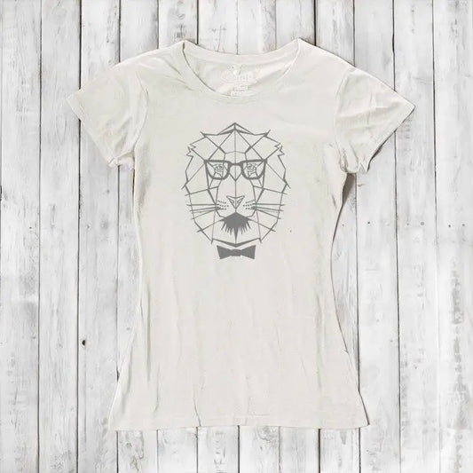 Women's Lion T-Shirt in ivory bamboo & organic cotton with geometric lion graphic and bow tie, symbolizing courage and strength.