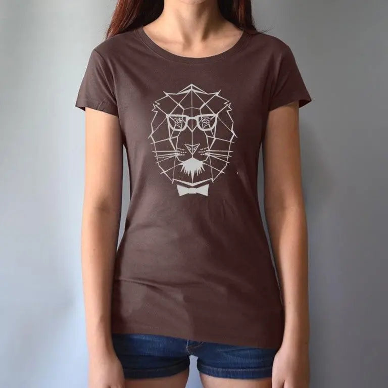 Dark brown Women's Lion T-Shirt made from bamboo & organic cotton, featuring modern safari lion graphic and empowering 'Roar More' theme.