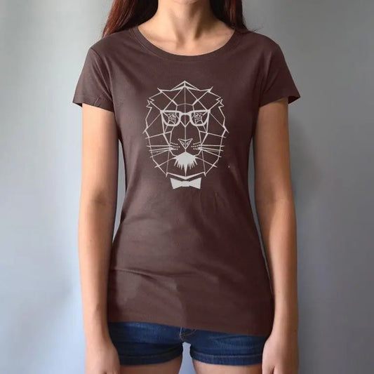 Dark brown Women's Lion T-Shirt made from bamboo & organic cotton, featuring modern safari lion graphic and empowering 'Roar More' theme.