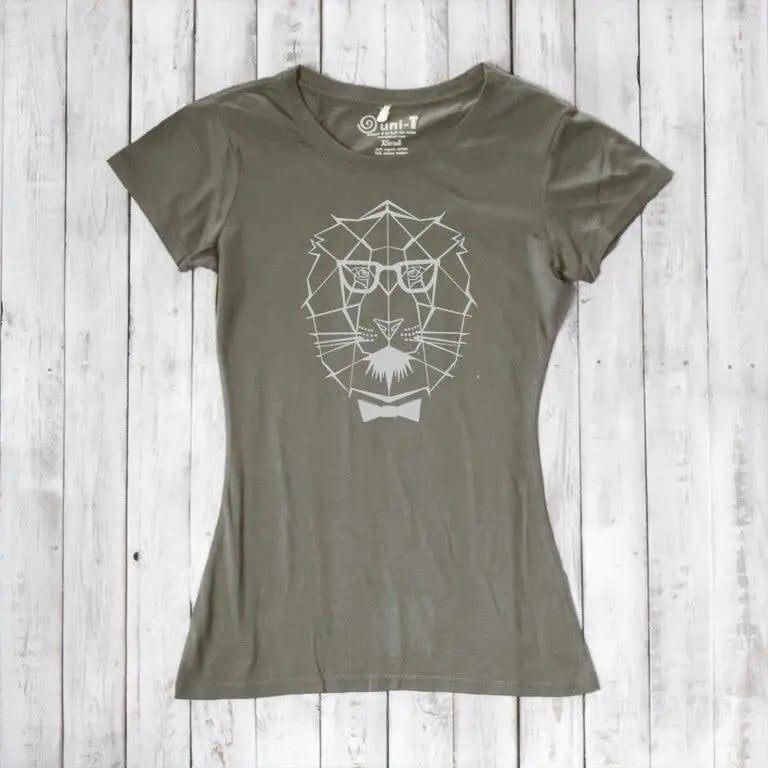 Khaki green Women's Lion T-Shirt crafted from sustainable bamboo & organic cotton, showcasing a modern lion graphic for strength and style.