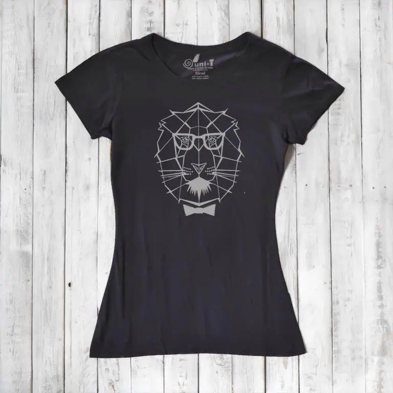 Black Women's Lion T-Shirt in eco-friendly bamboo & organic cotton, featuring a fierce lion face with glasses and bow tie for bold expression.