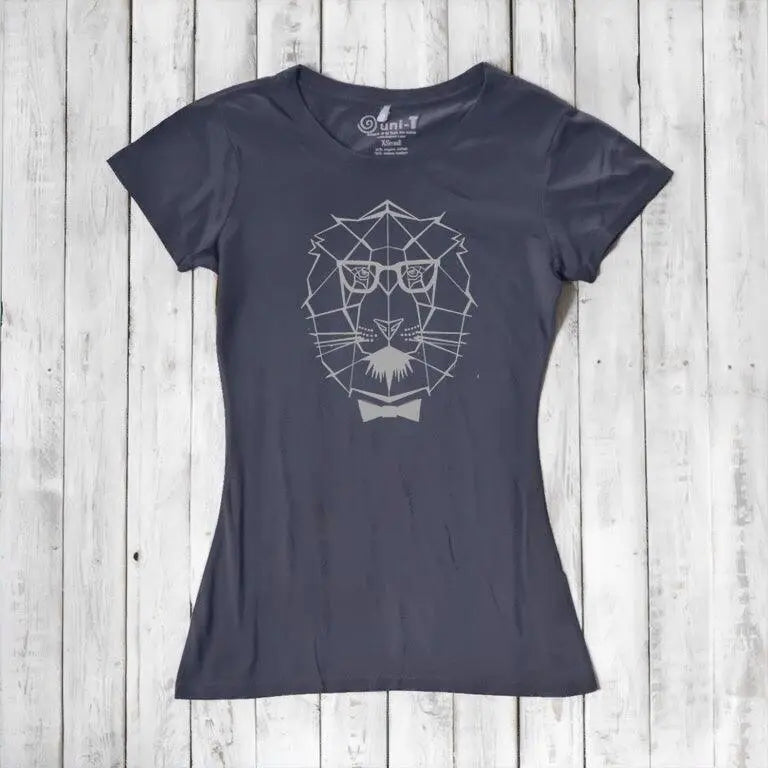 Navy Women's Lion T-Shirt in sustainable bamboo & organic cotton, adorned with a geometric lion design for a modern safari look.