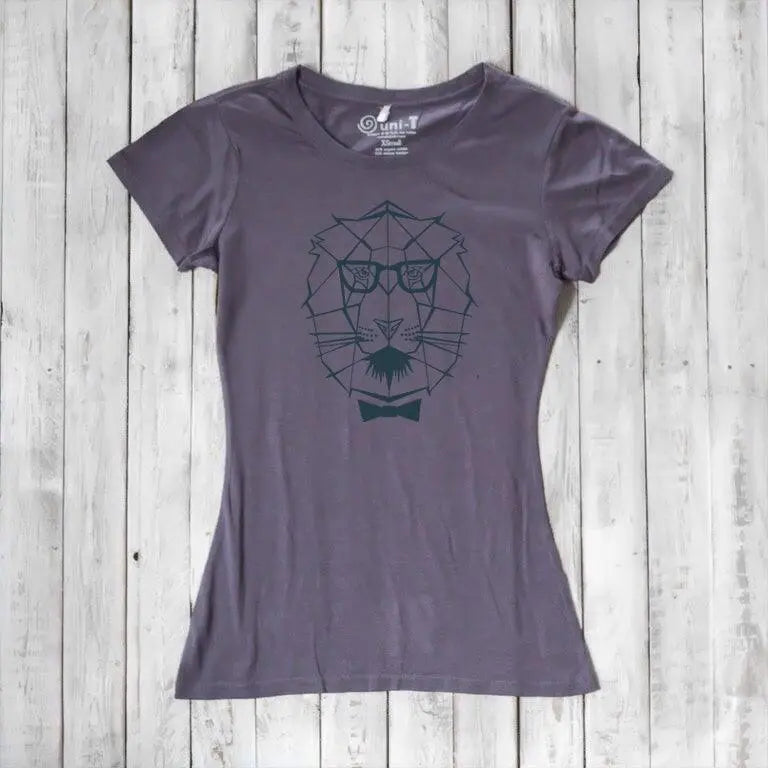 Dark purple Women's Lion T-Shirt featuring a geometric lion face and bow tie, made from soft bamboo & organic cotton for eco-conscious fashion.