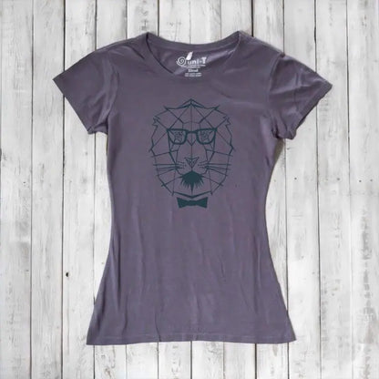 Dark purple Women's Lion T-Shirt featuring a geometric lion face and bow tie, made from soft bamboo & organic cotton for eco-conscious fashion.