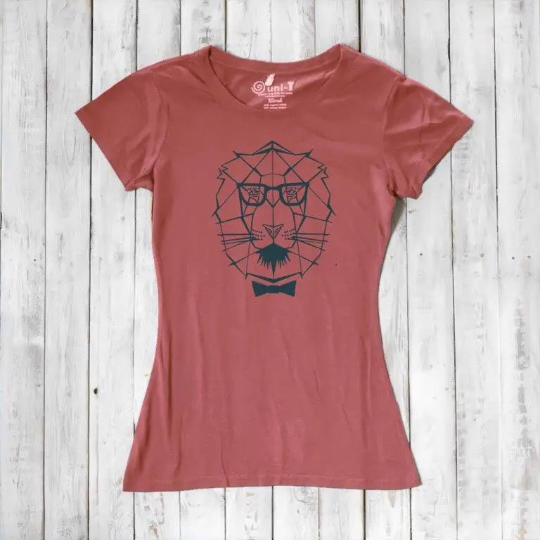 Red clay Women's Lion T-Shirt in bamboo & organic cotton, with bold lion graphic and 'Roar More' message for confident women leaders.
