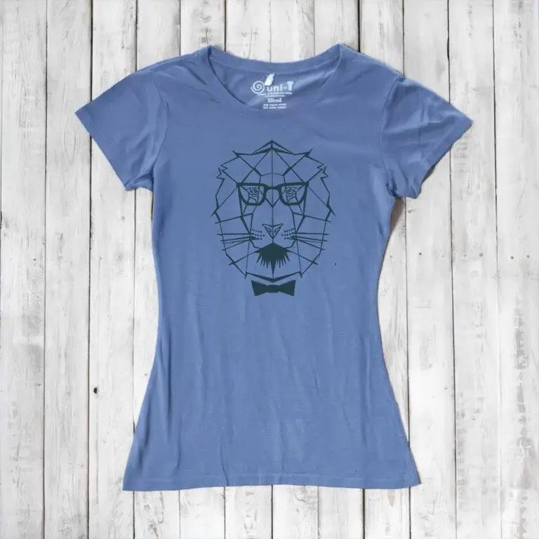 Ocean blue Women's Lion T-Shirt crafted from bamboo & organic cotton, showcasing a modern lion face graphic for strength and style.