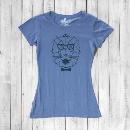 Ocean blue Women's Lion T-Shirt crafted from bamboo & organic cotton, showcasing a modern lion face graphic for strength and style.