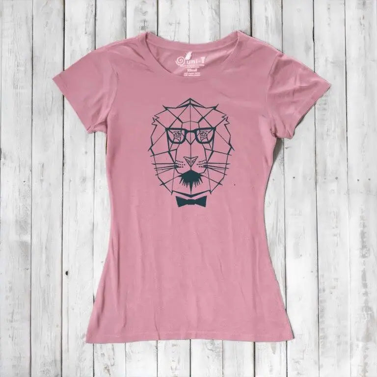 Rustic pink Women's Lion T-Shirt in bamboo & organic cotton, featuring a geometric lion design and empowering message for bold women.