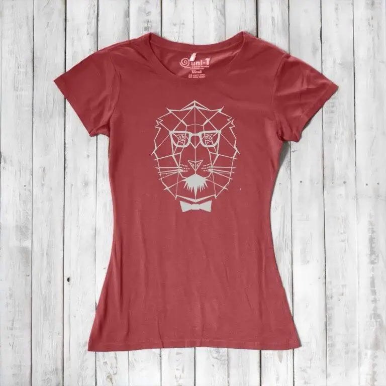Red Women's Lion T-Shirt made from bamboo & organic cotton, with a stylish lion graphic and bow tie, perfect gift for courageous leaders.