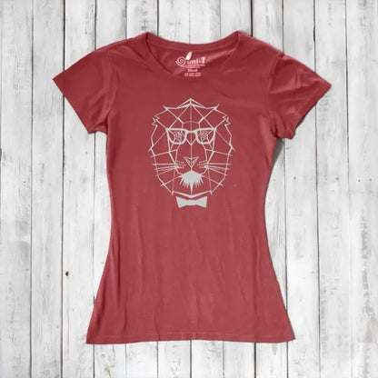 Red Women's Lion T-Shirt made from bamboo & organic cotton, with a stylish lion graphic and bow tie, perfect gift for courageous leaders.