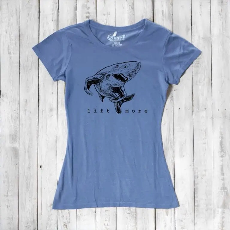 Blue women's fitness T-shirt made from bamboo and organic cotton with shark 'Lift More' print. Ideal gym motivation apparel.