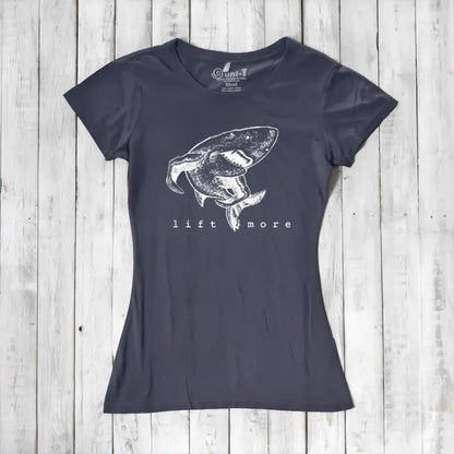 Charcoal gray women's bamboo and organic cotton T-shirt with shark 'Lift More' design. Motivational fitness top for weightlifters.
