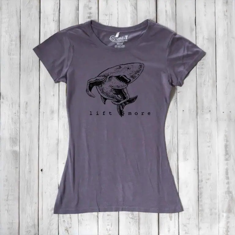 Heather gray women's bamboo and organic cotton T-shirt with shark 'Lift More' graphic. Perfect for fitness lovers and lifters.