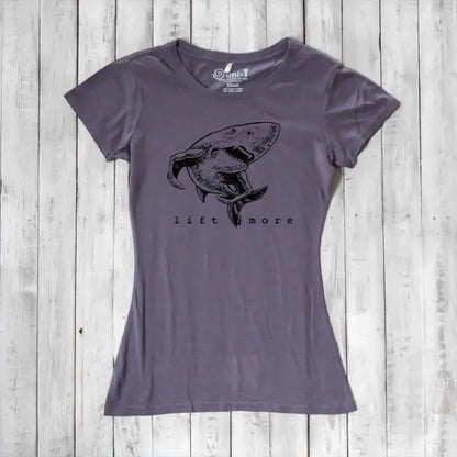 Heather gray women's bamboo and organic cotton T-shirt with shark 'Lift More' graphic. Perfect for fitness lovers and lifters.