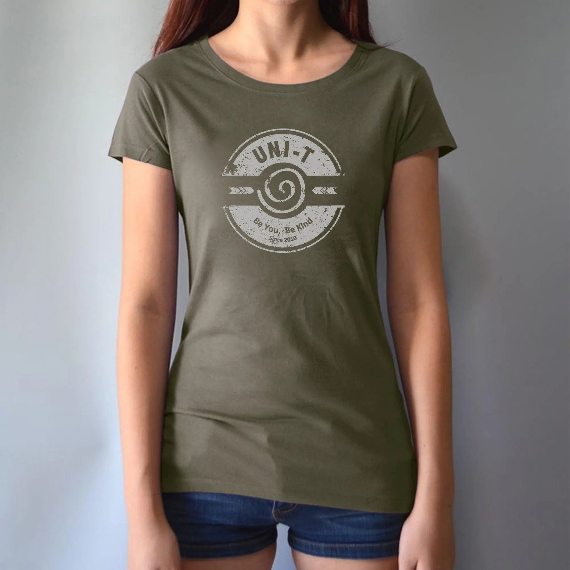 Women's Kindness T-Shirt in Bamboo & Organic Cotton in olive green with 'Be You Be Kind' graphic by Uni-T. Eco-friendly inspirational tee.