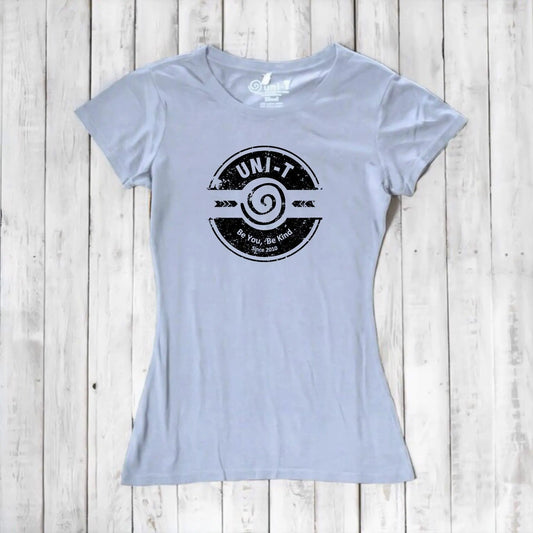 Light blue bamboo & organic cotton women's kindness T-shirt with Uni-T's 'Be You Be Kind' message. Soft, breathable, and sustainable gift idea.