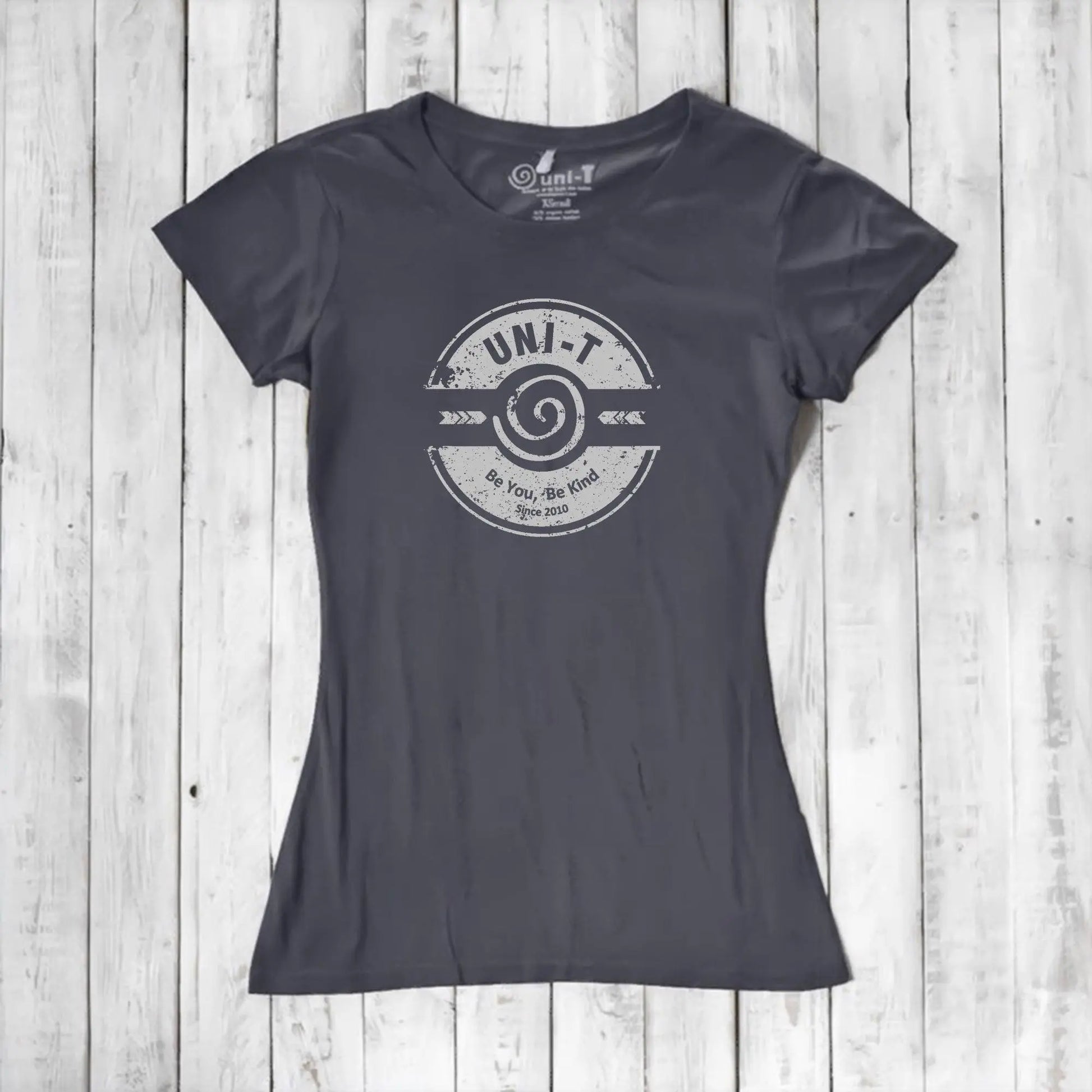 Charcoal gray kindness graphic tee for women made from bamboo and organic cotton. Features Uni-T's 'Be You Be Kind' inspirational design.