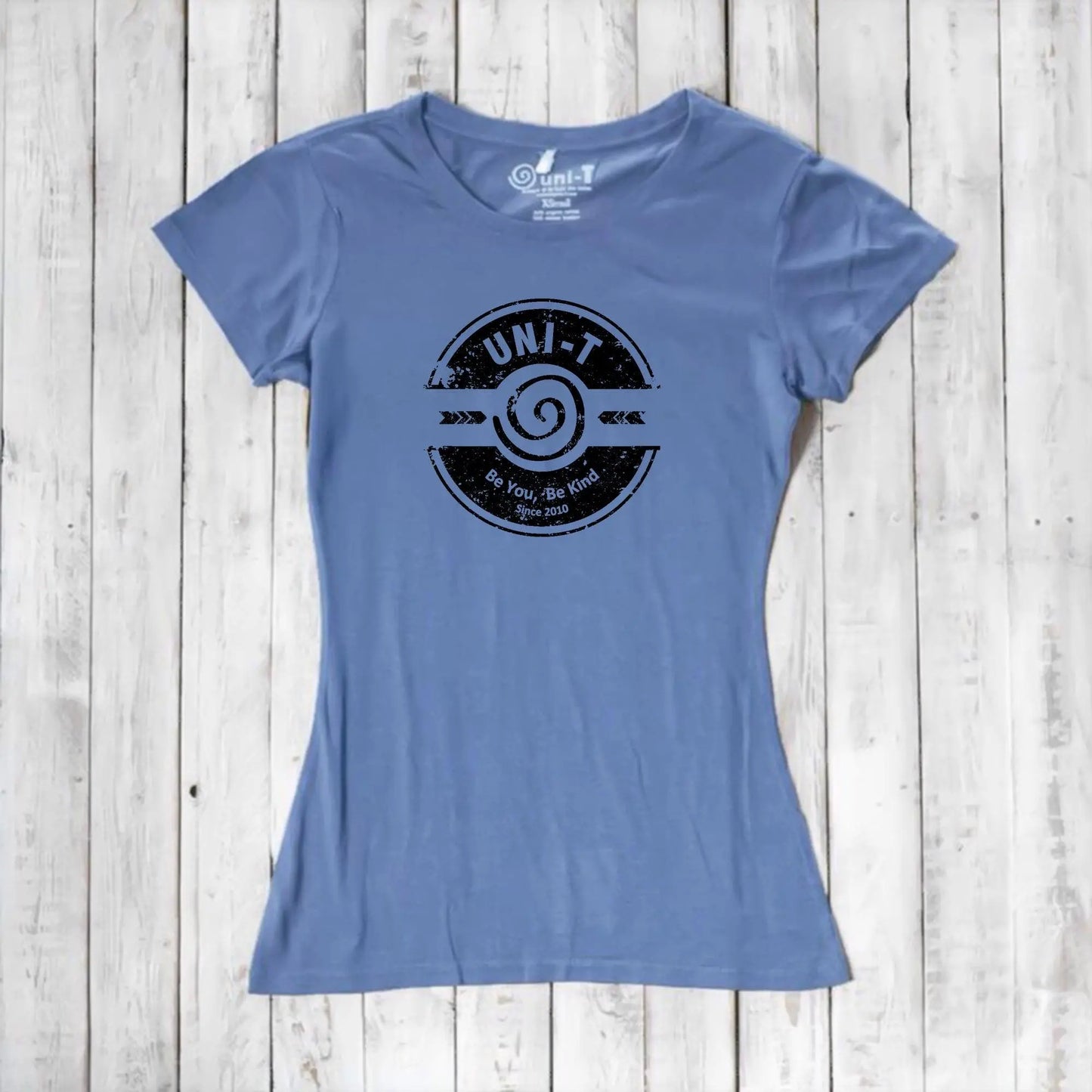 Sky blue women's T-shirt in bamboo & organic cotton with Uni-T's 'Be You Be Kind' message. A soft, eco-conscious gift of positivity.