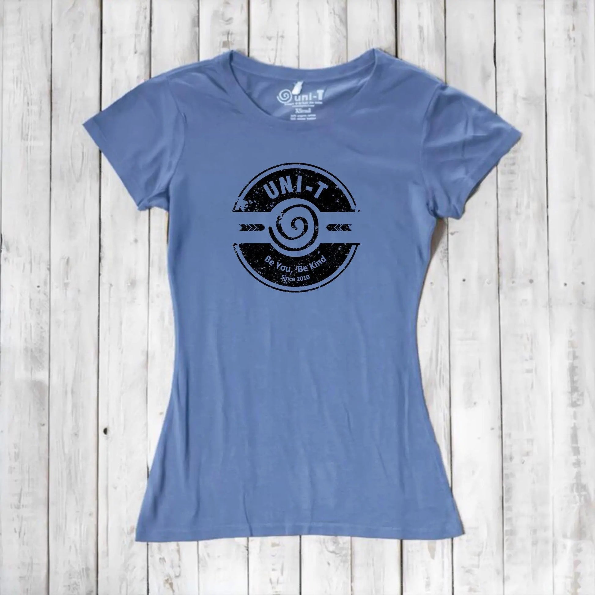 Sky blue women's T-shirt in bamboo & organic cotton with Uni-T's 'Be You Be Kind' message. A soft, eco-conscious gift of positivity.