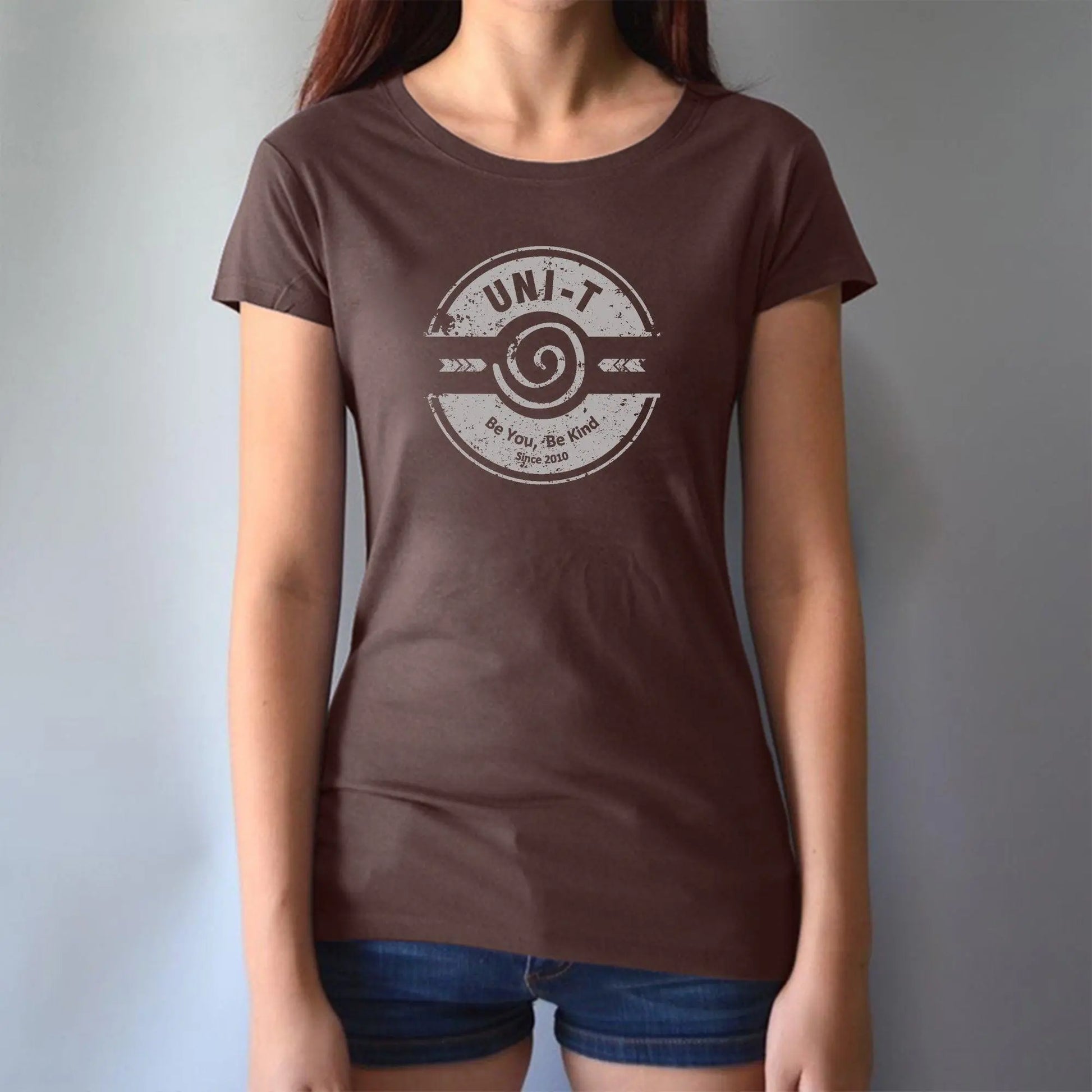Chocolate brown bamboo & organic cotton women's tee with 'Be You Be Kind' graphic. Sustainable fashion with a message from Uni-T.