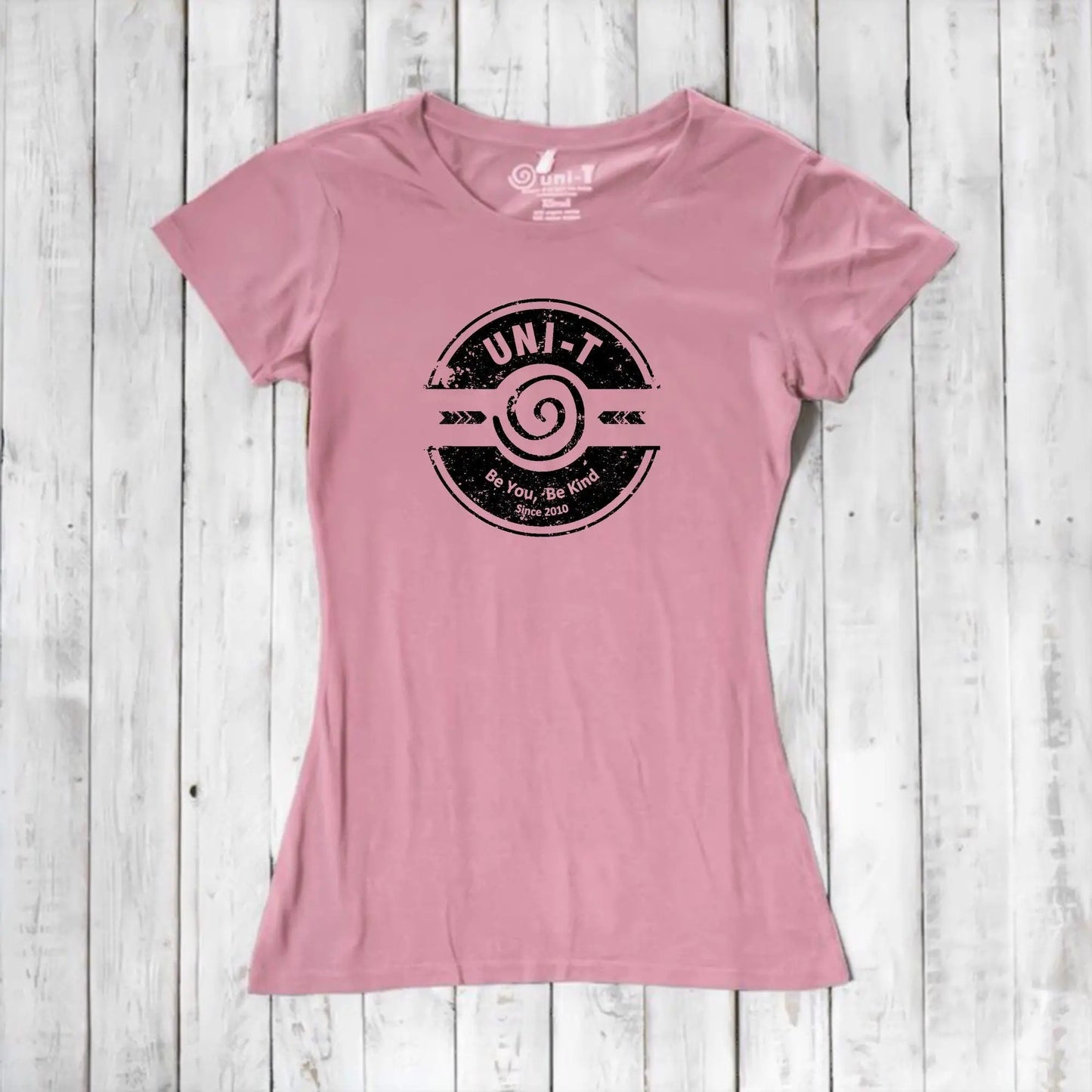 Pink inspirational women's T-shirt in bamboo & organic cotton with Uni-T's 'Be You Be Kind' graphic. A perfect self-love gift idea.